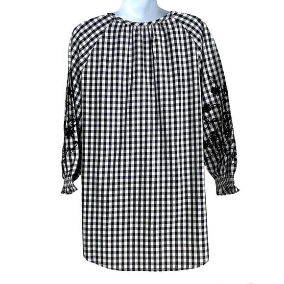 Black White Ginghamcore Prairie Embroidered Cotton Blouse Top Sz 8 Cottagecore - Picture 2 of 11
